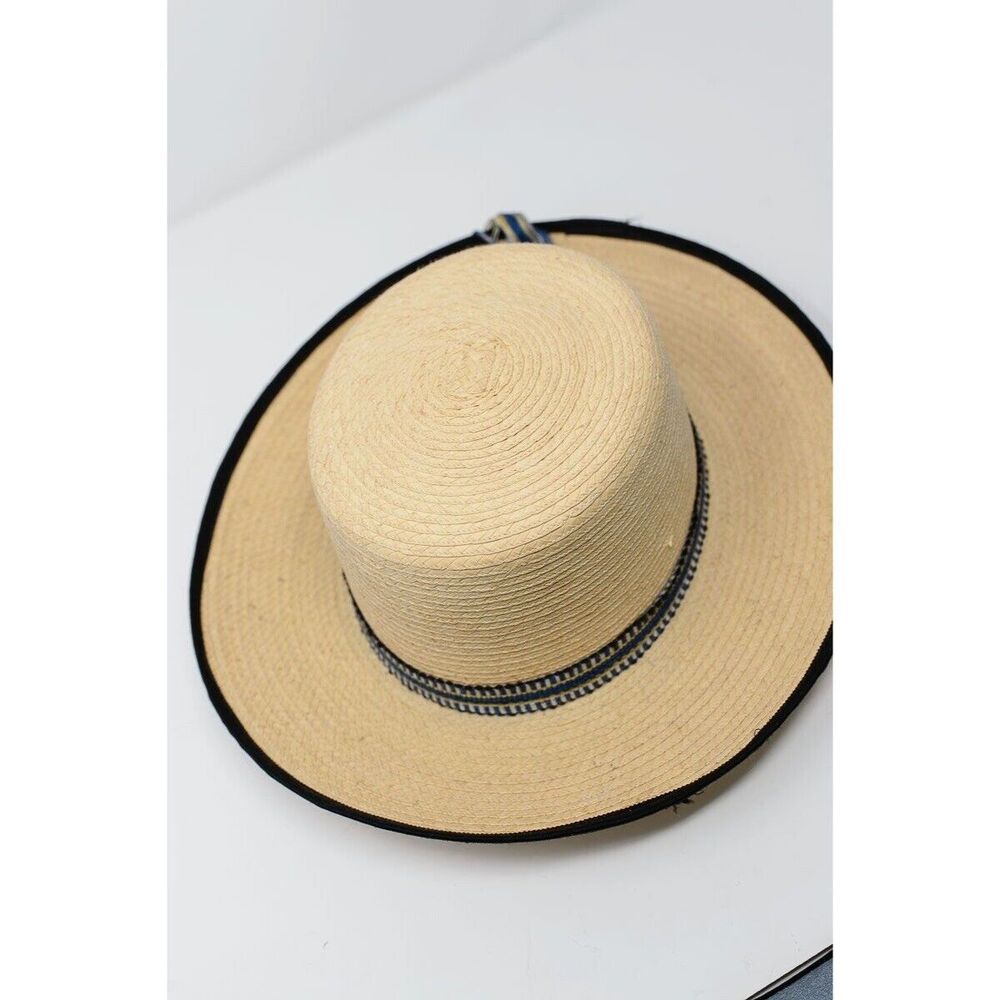 Gumarcaah Handwoven Palm Straw Hat With Black Trim & Blue Band Guatemala - Picture 3 of 5